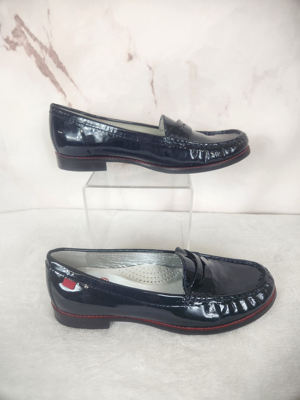 Marc Joseph Navy Patent Loafers with Red Accents